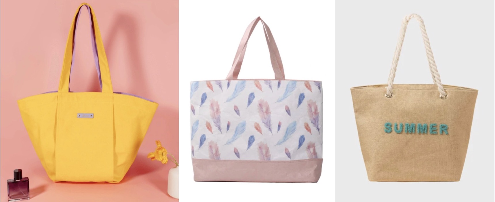 Three tote bags side by side: one canvas, one jute, one crinkled Tyvek
