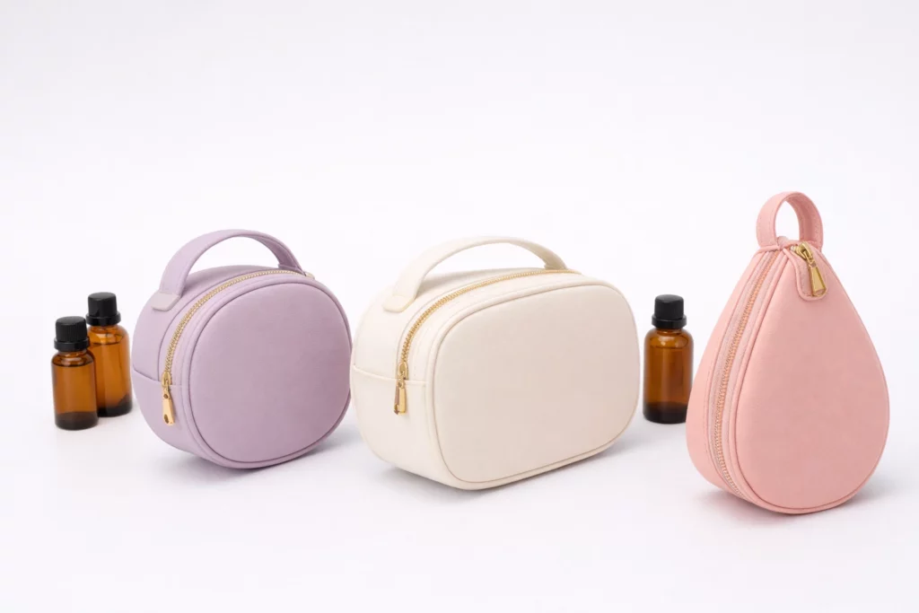 Custom shaped EVA hard shell essential oil cases in round, oval and teardrop designs with bottles