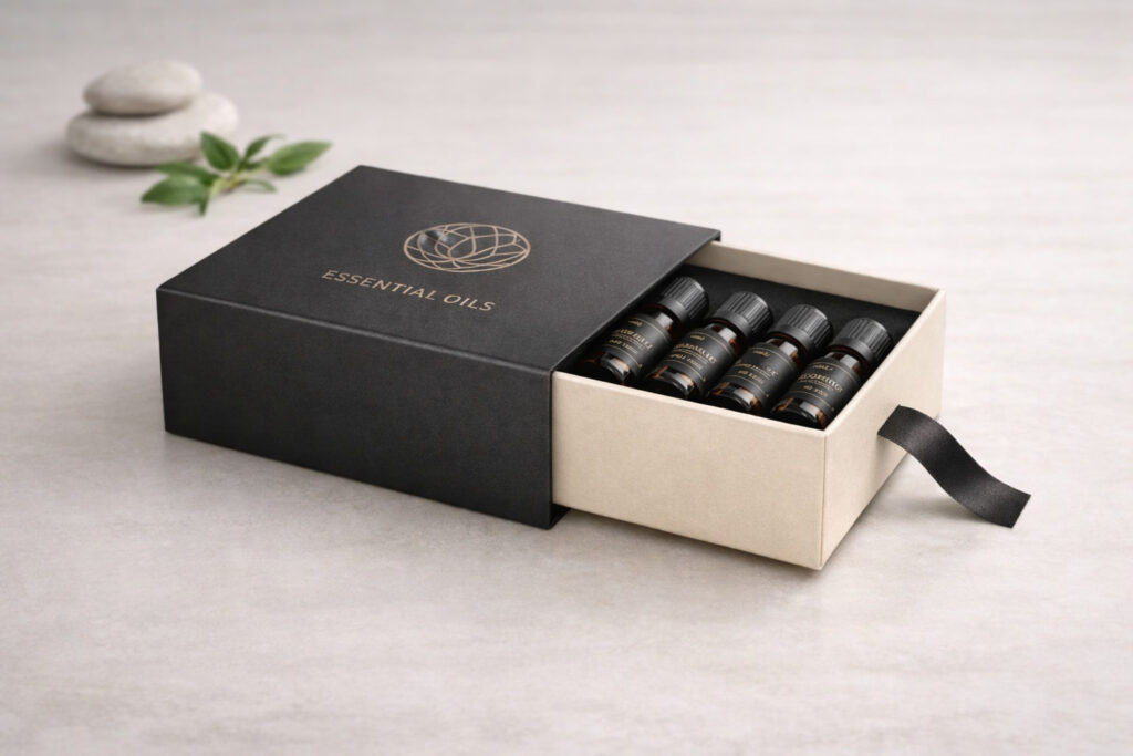 Drawer style slide-out box for essential oil packaging with ribbon pull and premium presentation