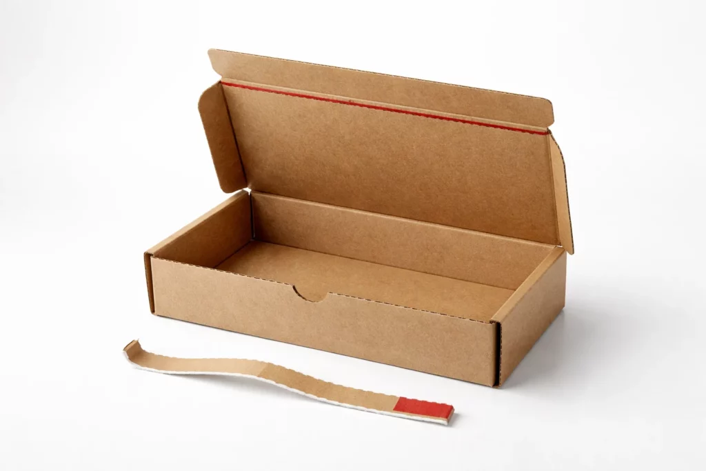 Tamper-evident tear strip on corrugated e-commerce mailer box showing it cannot be resealed after opening