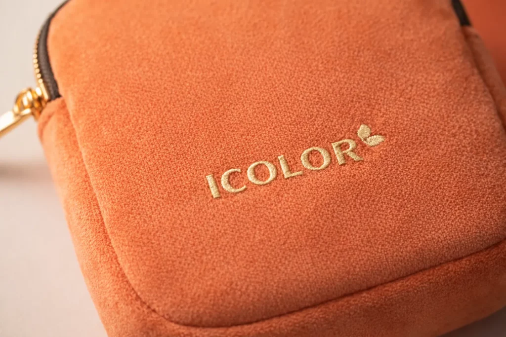 Embroidered logo detail on a soft essential oil travel case showing high-density stitching and premium craftsmanship