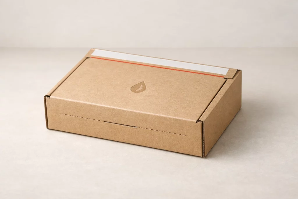 Minimalist kraft e-commerce mailer box for essential oil shipping with clean exterior and tear-strip opening