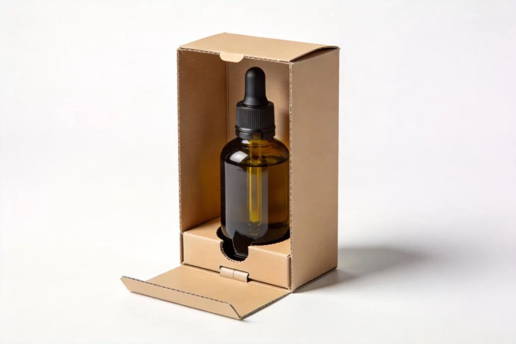 Reinforced auto-lock bottom folding carton designed to securely support heavy glass essential oil bottles