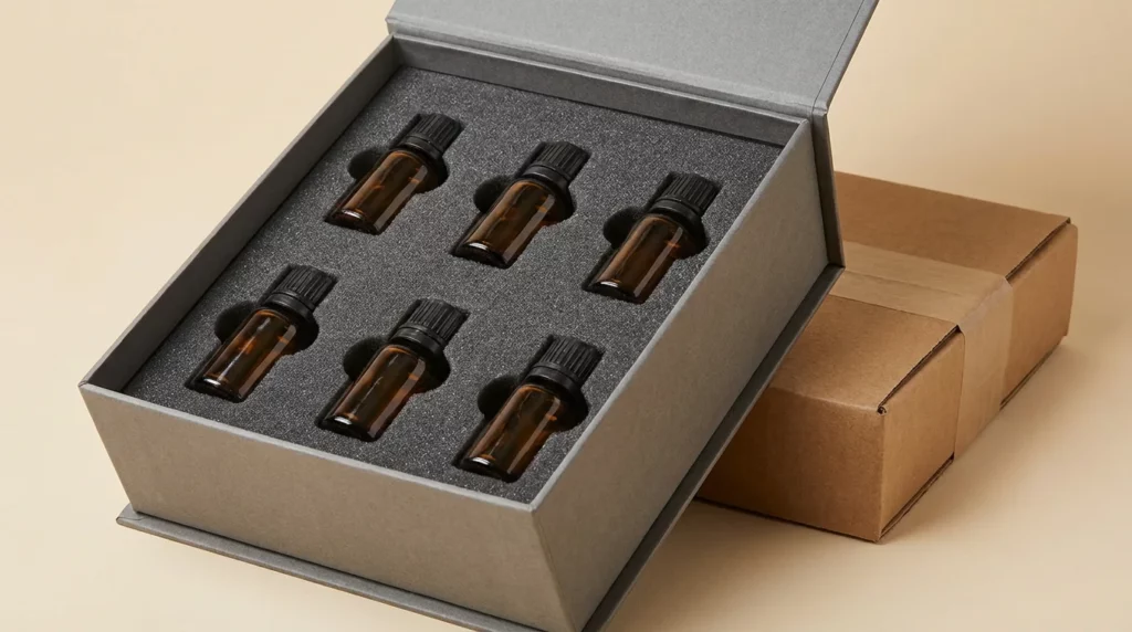 Essential oil gift set packaging with rigid box and mailer solution for safe delivery
