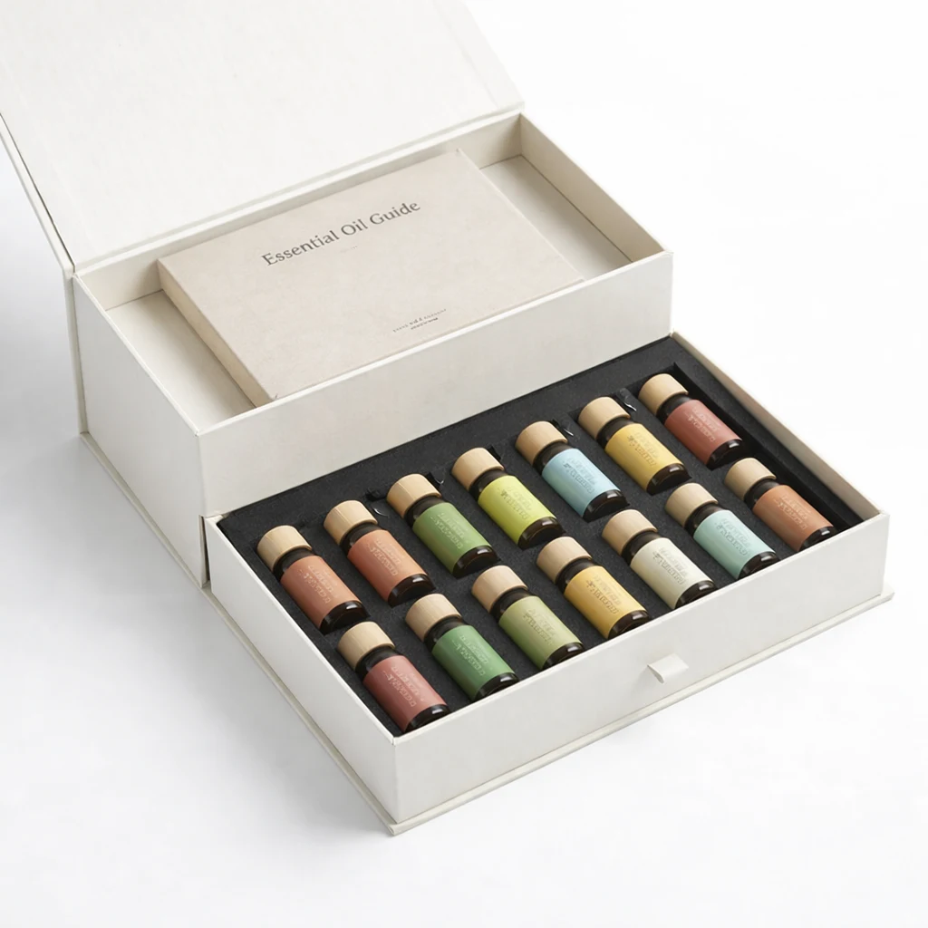 Bottom tray and inside-lid pocket design in a multi-layer essential oil packaging box
