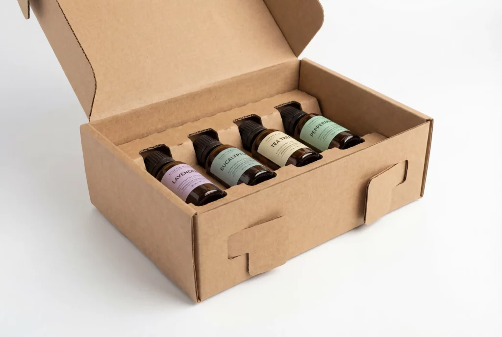 Ear-lock corrugated subscription box with visible locking side tabs and essential oil bottles inside