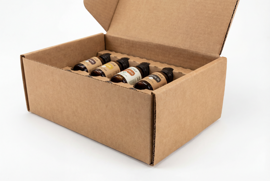 Roll-End Tuck-Front corrugated box with thick triple-layer side walls and essential oil bottles inside