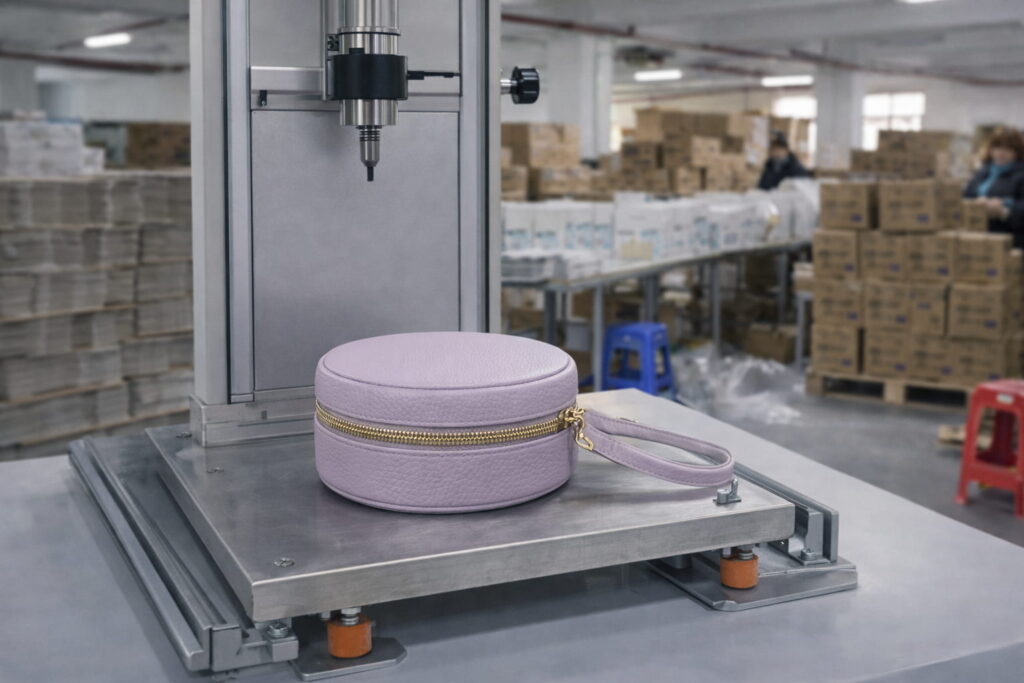 Essential oil zipper case undergoing drop test on packaging testing equipment in factory environment