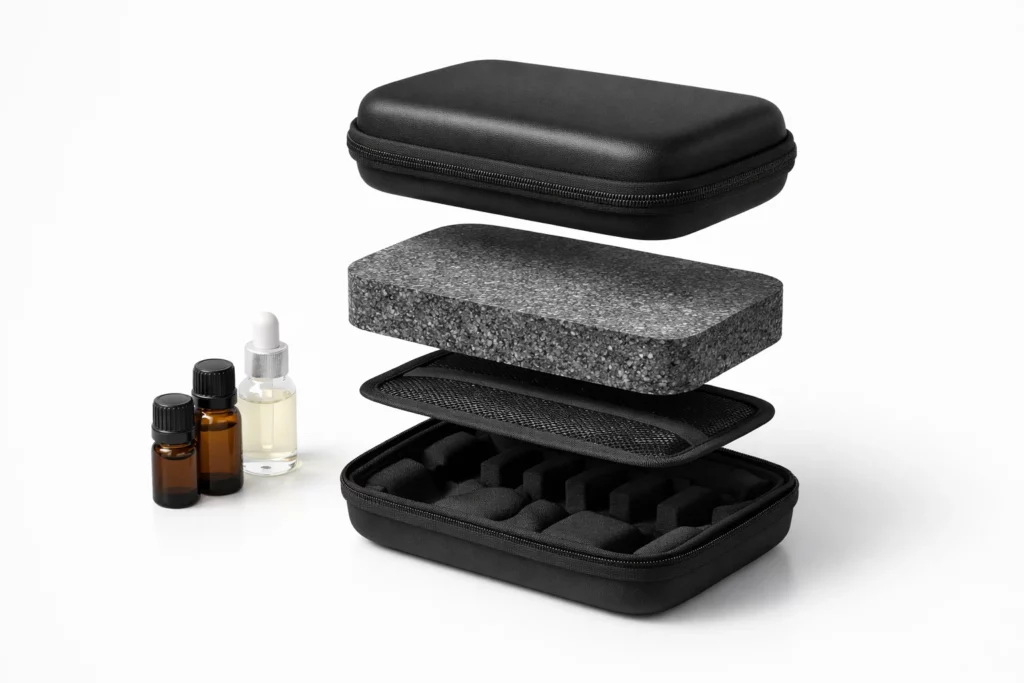 High-density EVA core structure in a hard shell essential oil case shown in exploded view with bottles