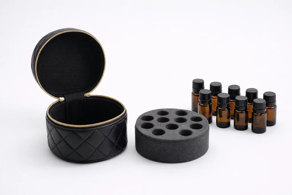 Removable foam insert and essential oil bottles shown with EVA hard shell carrying case