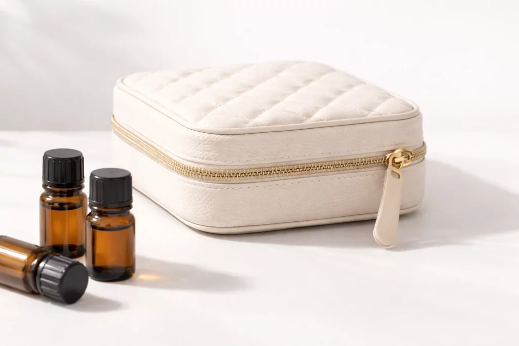 Custom rubber zipper pull detail on EVA hard shell essential oil carrying case with bottles