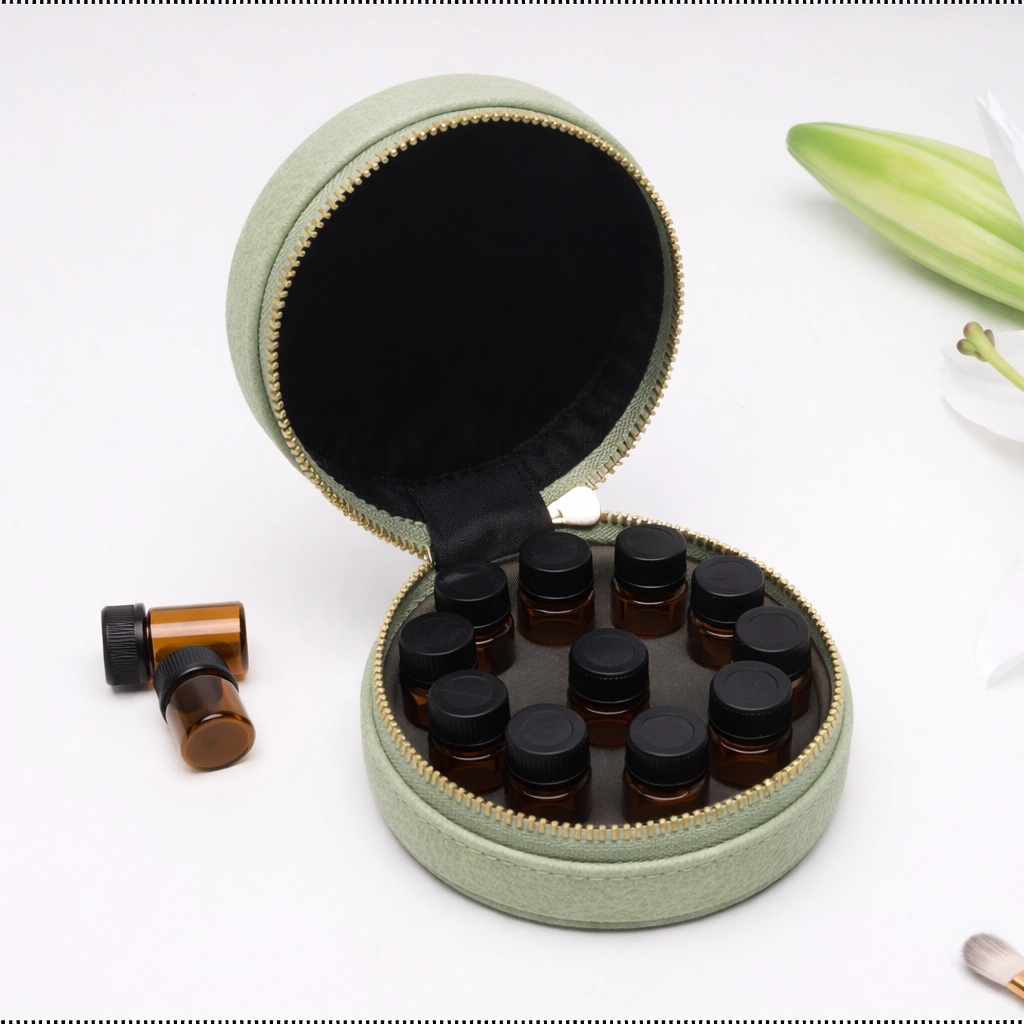 Compact EVA hard shell essential oil case with 10-slot foam insert holding 5ml and 10ml bottles