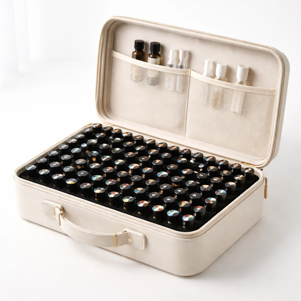Large EVA hard shell essential oil carrying case with handle and high-capacity layout for 60+ bottles