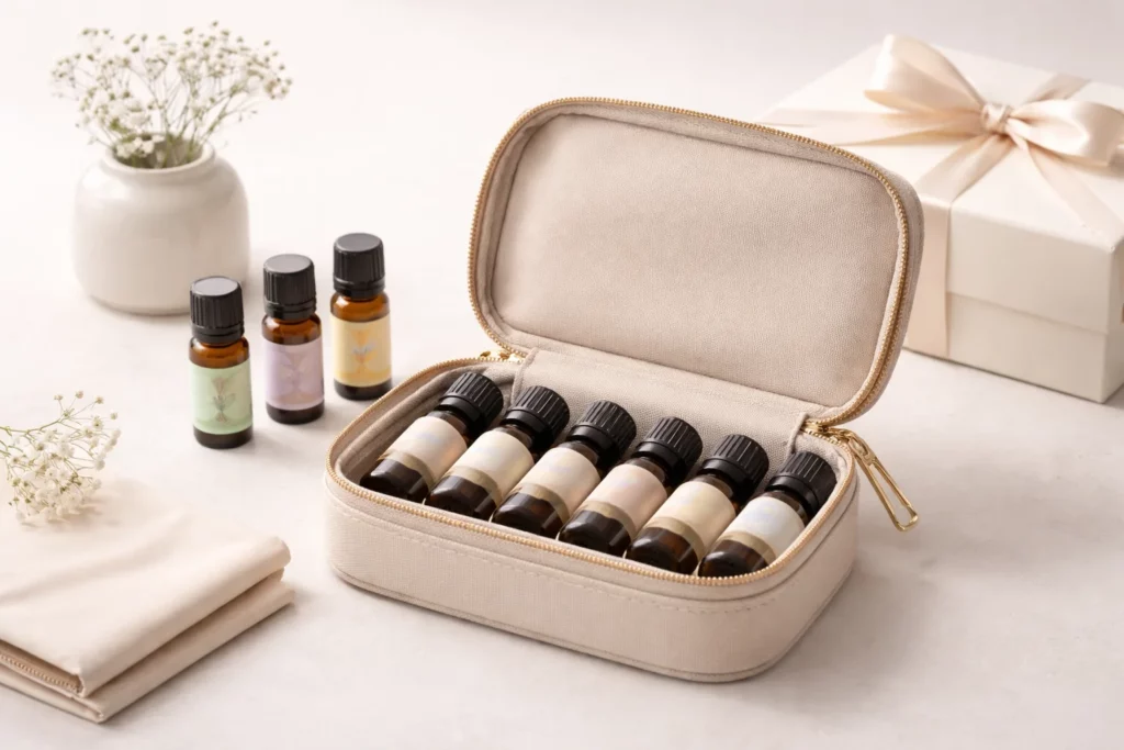 Mini keychain pouch holding one or two essential oil bottles for portable everyday carryc
