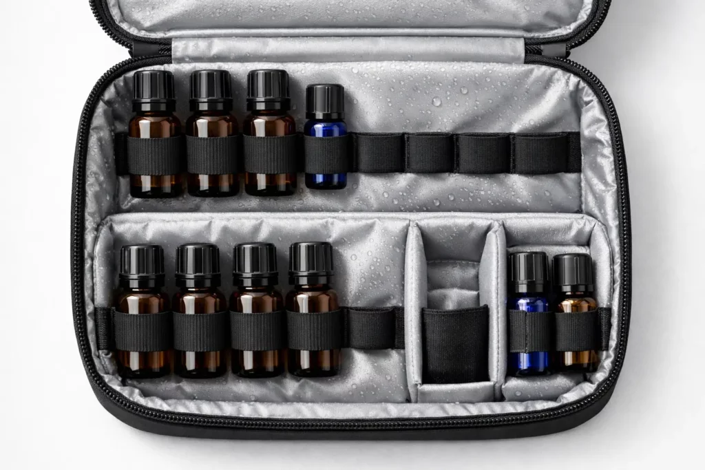 Leak-proof lining inside a soft essential oil travel case showing multiple elastic slots and water-resistant interior material