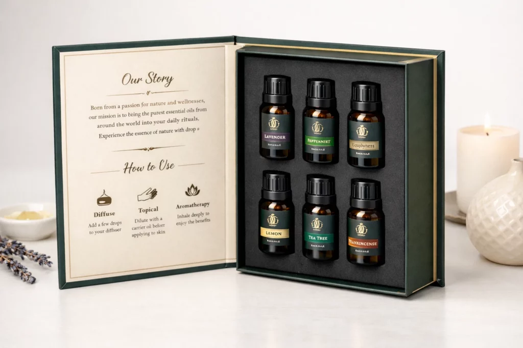 Magnetic book-style rigid box for essential oil packaging with custom insert and premium unboxing experience