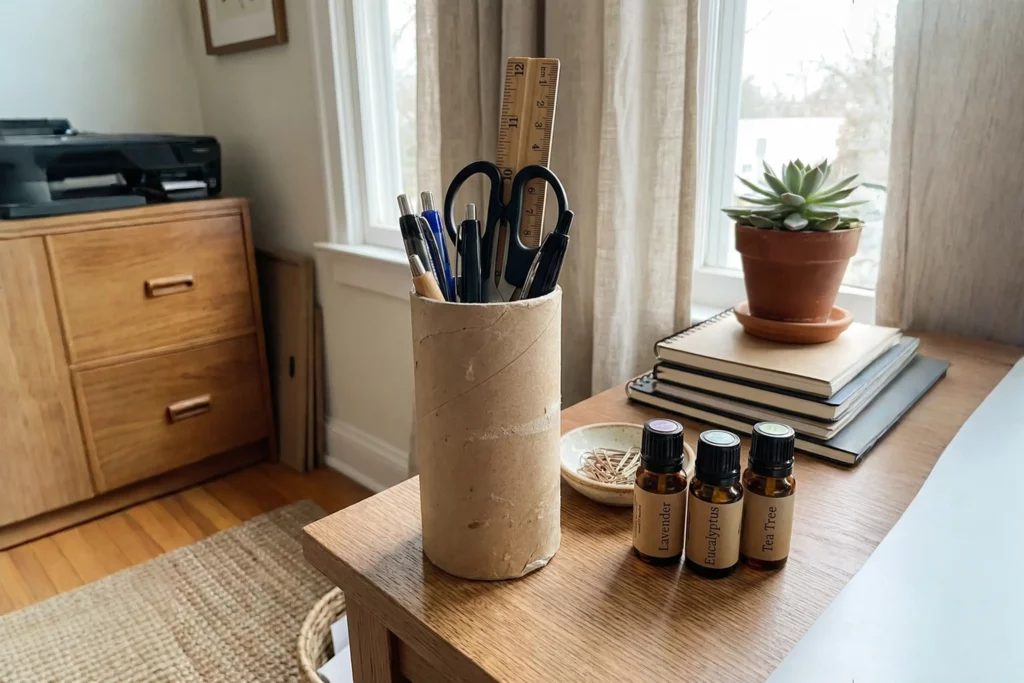Reusable round paper tube packaging repurposed as organizer with essential oil bottles, sustainable plastic-free cylinder packaging