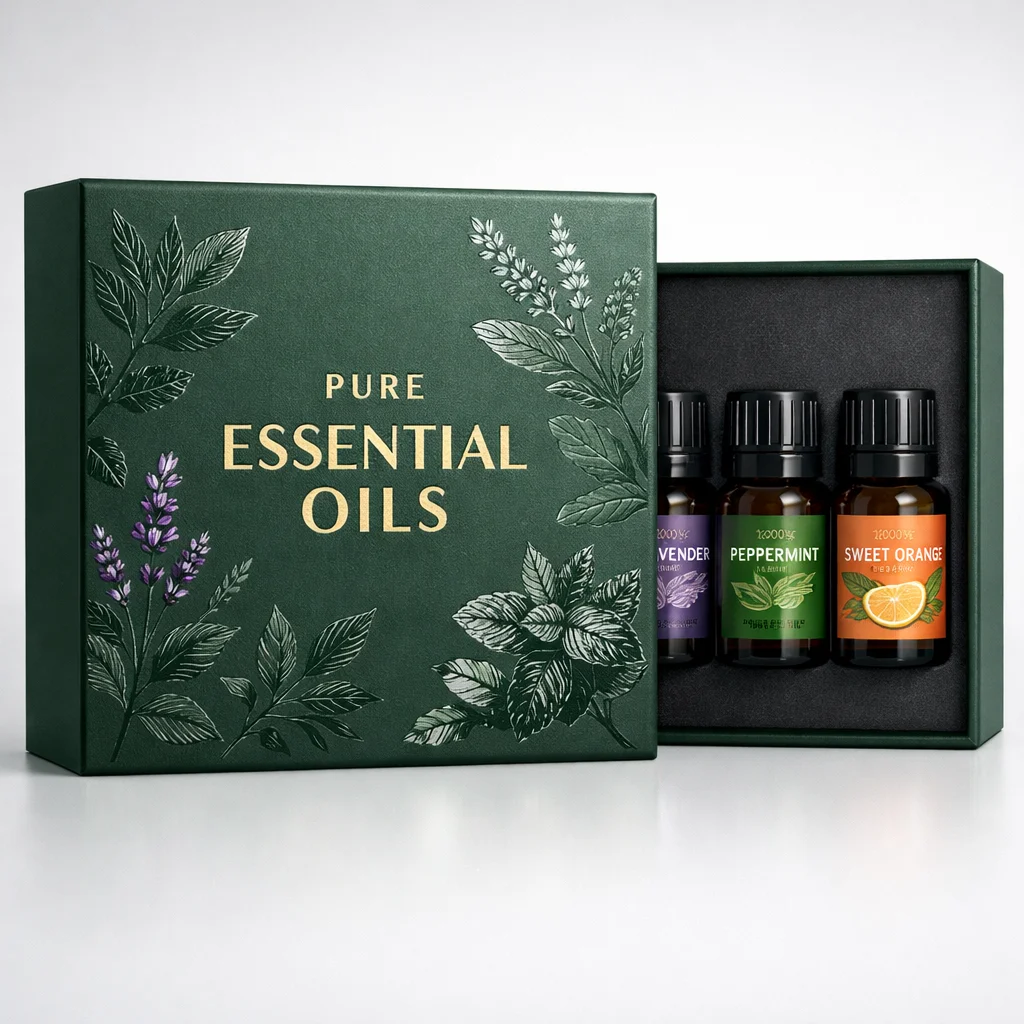 Spot UV finished rigid box for essential oil packaging with glossy botanical details on matte surface