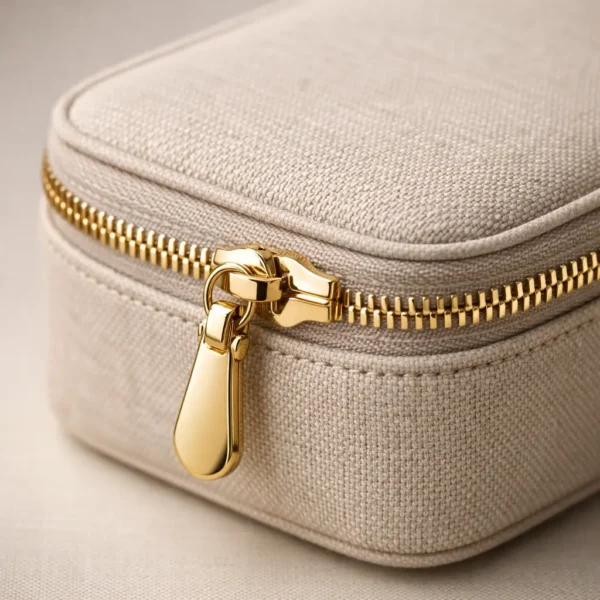 Gold zipper hardware detail on a premium structured fabric essential oil case highlighting luxury finish