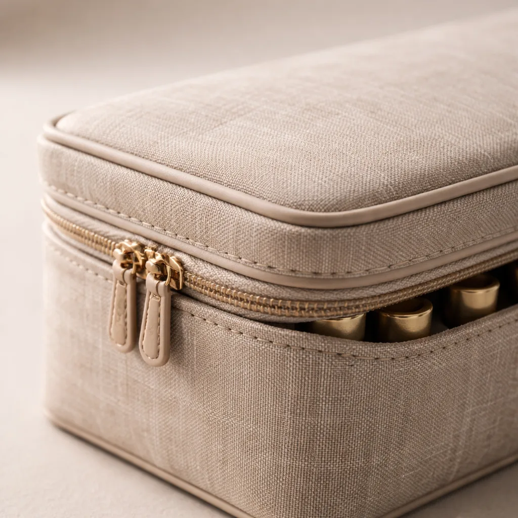 Close-up of piping edge binding on a premium structured fabric essential oil case showing tailored craftsmanship