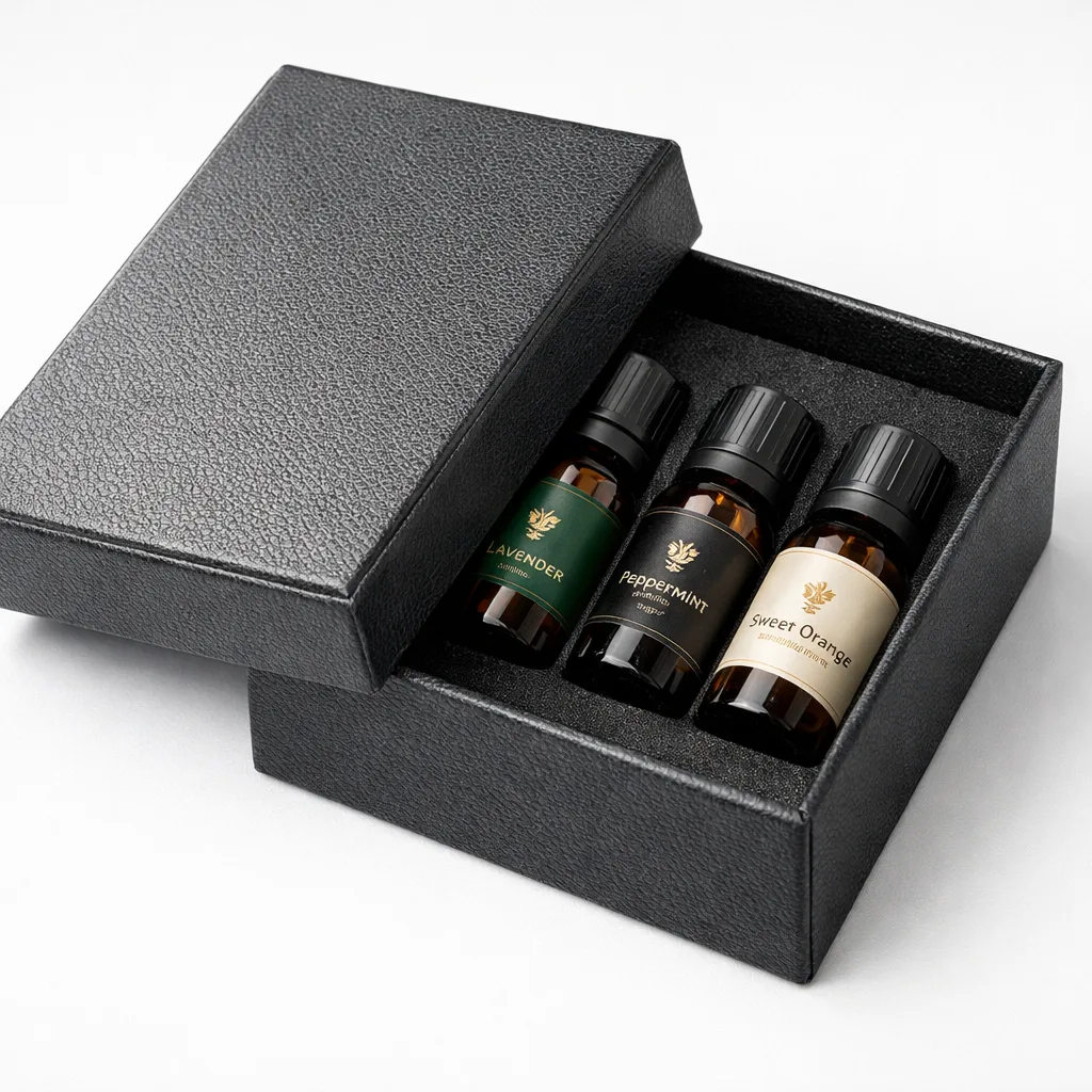 Rigid box for essential oil packaging with tactile textured paper wrap and premium soft-touch finish