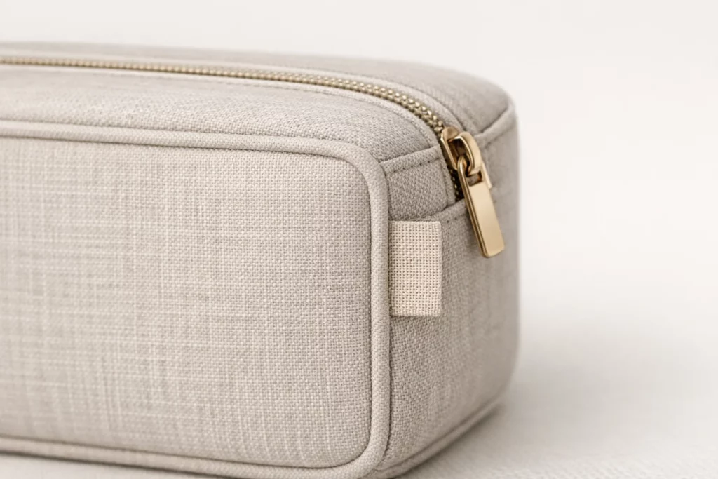 Woven fabric label sewn into a soft essential oil bag showing retail-quality branding and stitching detail
