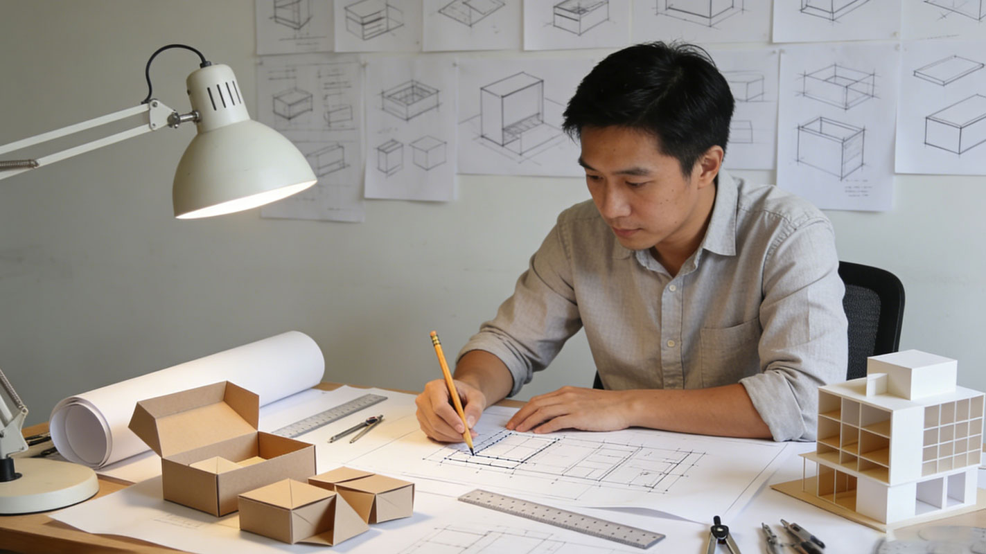 Structural design team reviewing custom shaped box dieline