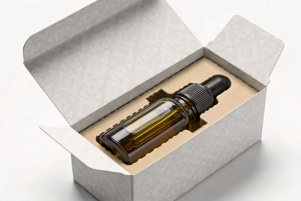 Folding carton with custom safety insert for bottle packaging
