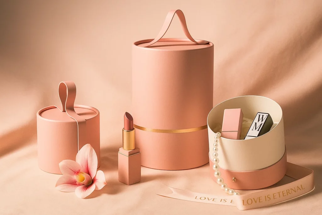 Paper tube packaging option for lipstick and fragrance launch sets