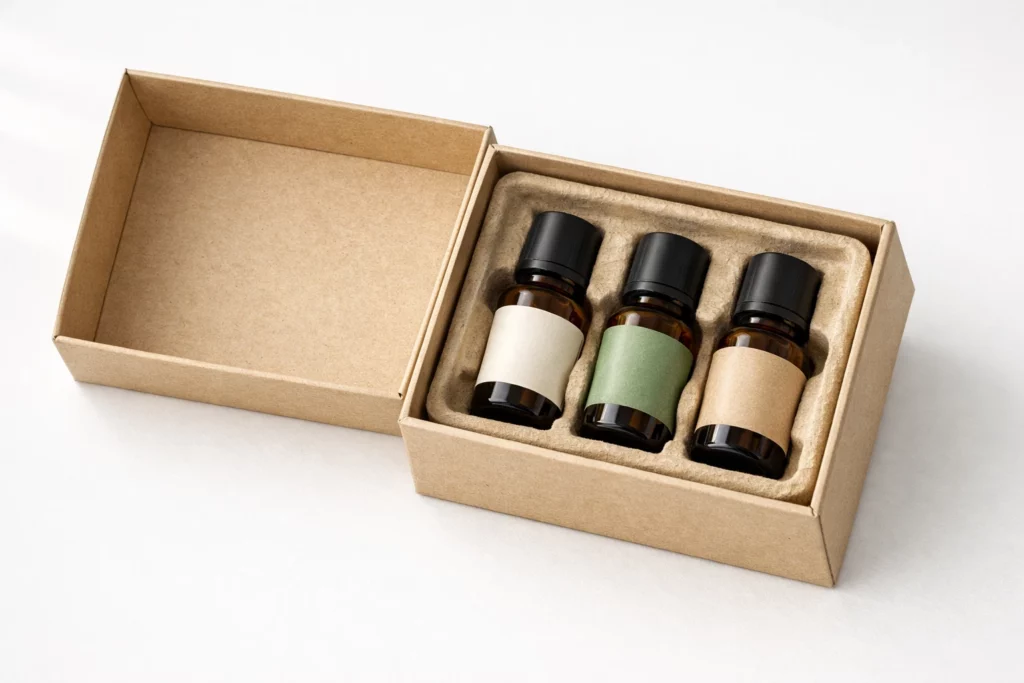Molded paper pulp insert for essential oil and fragrance bottle sets