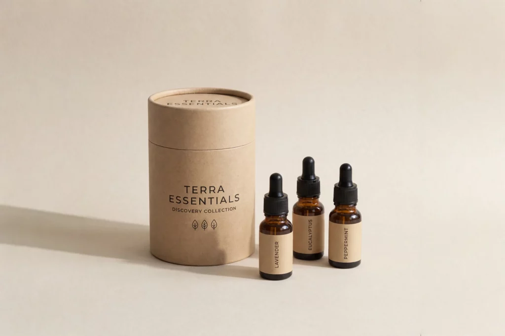 Multi bottle essential oil discovery kit paper tube packaging