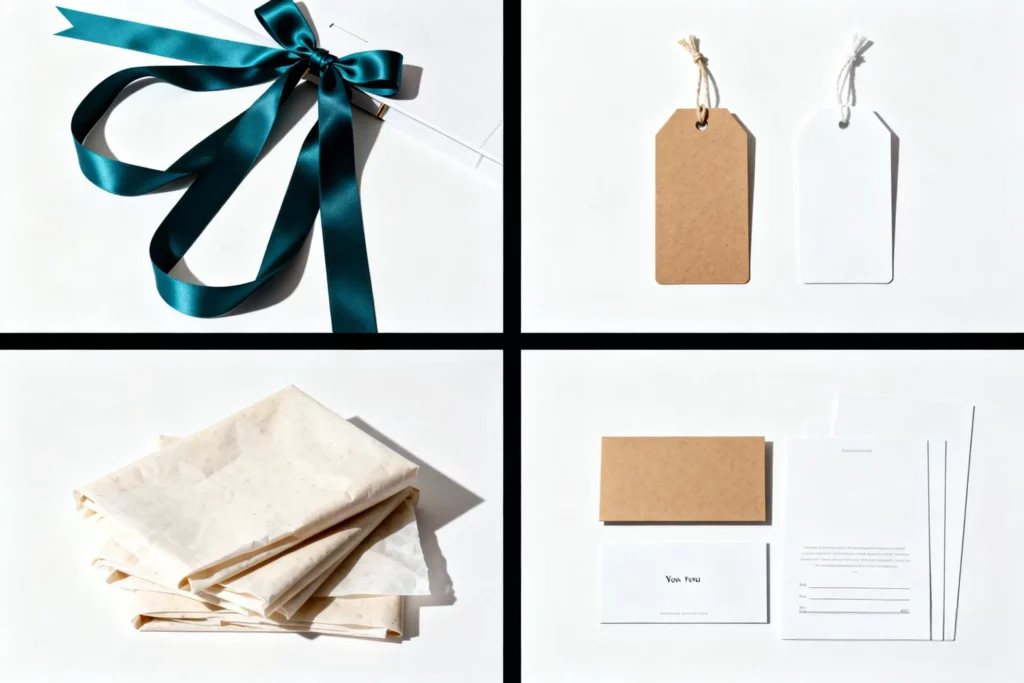 Packaging accessories overview with ribbons tags tissue and cards for beauty gift sets