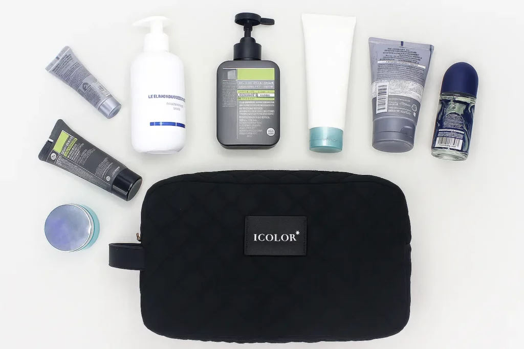 Private label cosmetic bag and skincare products for sample fit review