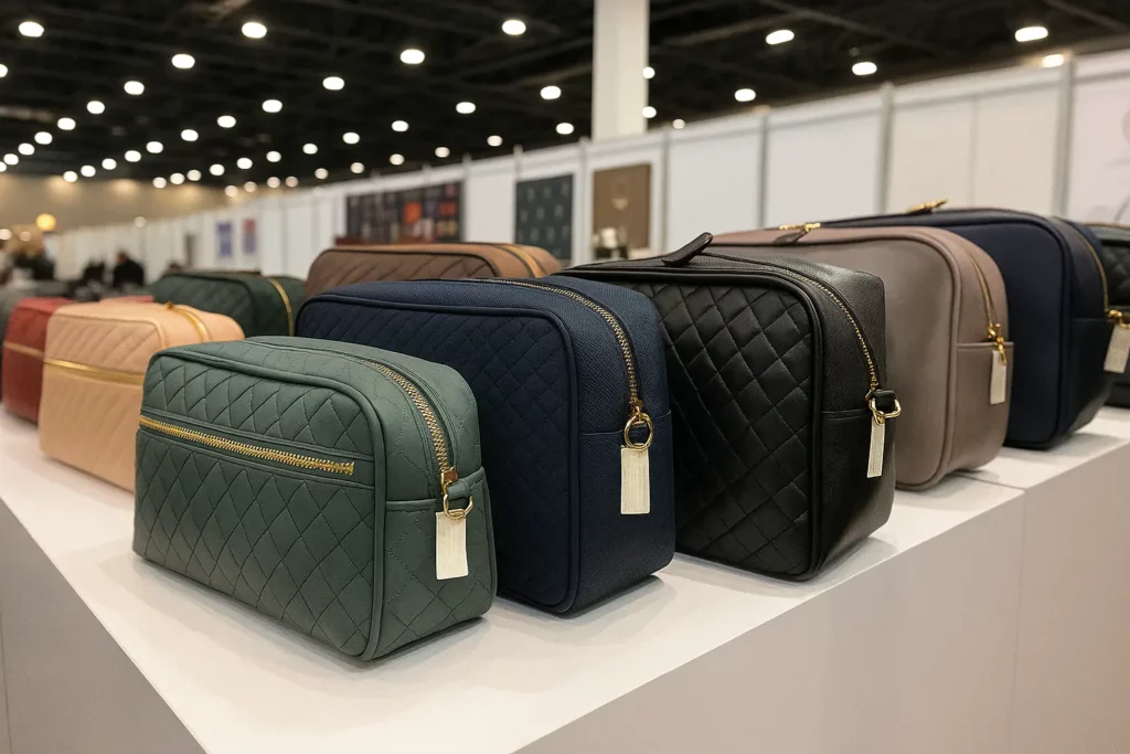 Cosmetic bag style display for material size and sample route comparison