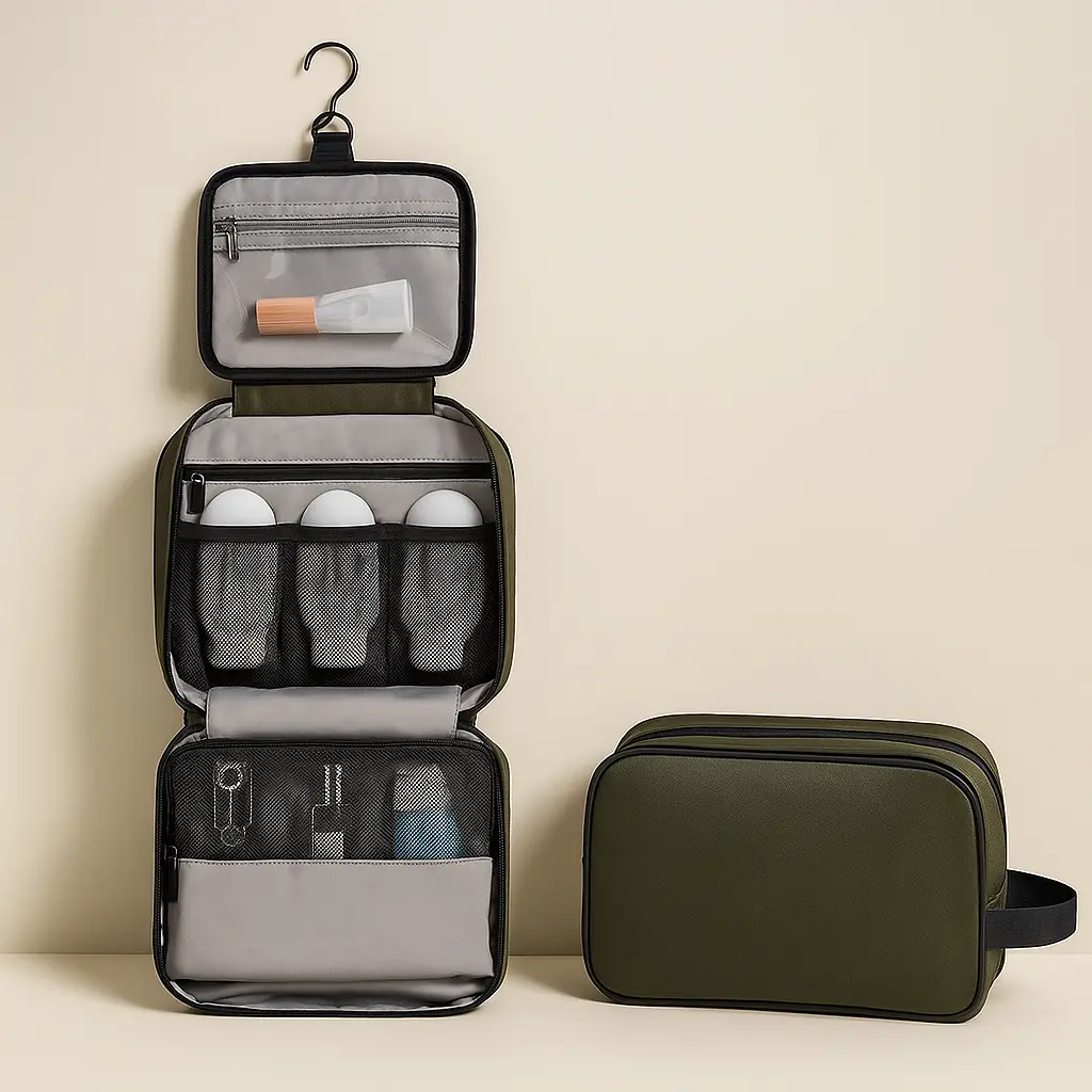 Travel toiletry bag sample route for capacity zipper and lining checks