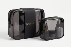 Two structured clear TPU travel kit pouches in black trim