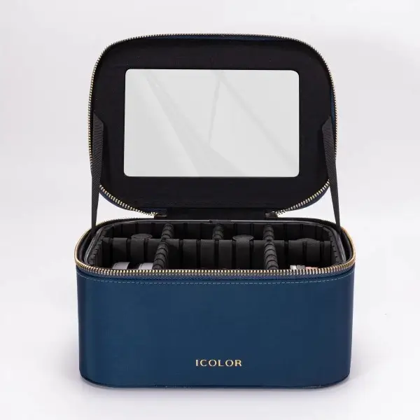 Structured blue vanity cosmetic case with interior dividers