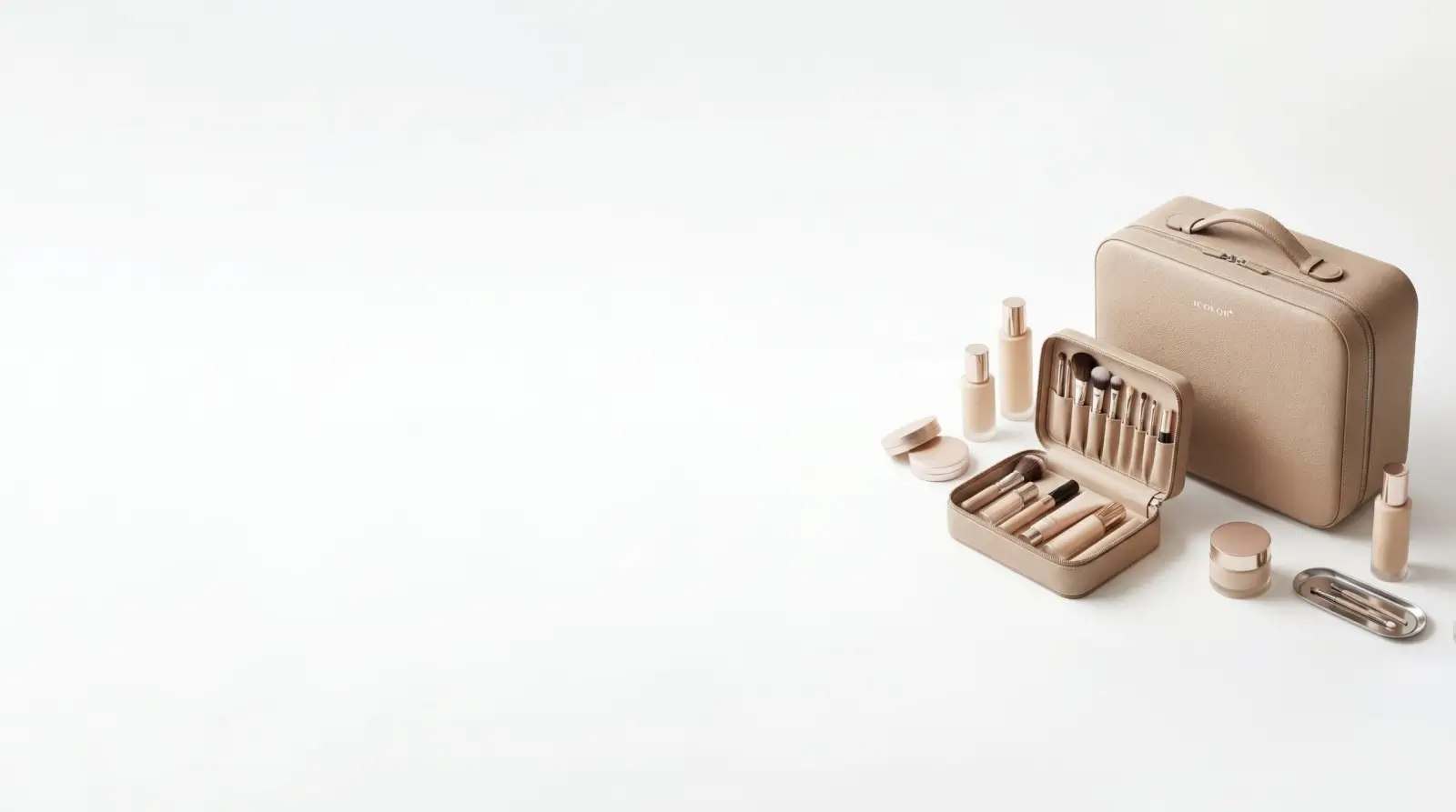 Premium stitched cosmetic case with products and accessories