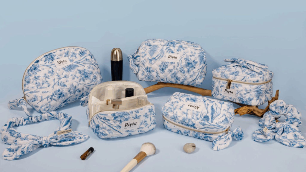 Coordinated cotton cosmetic bag collection for beauty retail