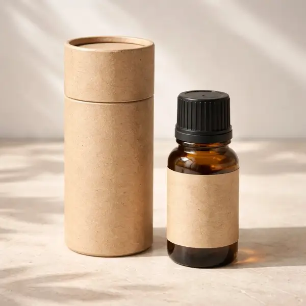 Natural kraft round paper tube beside an essential oil bottle