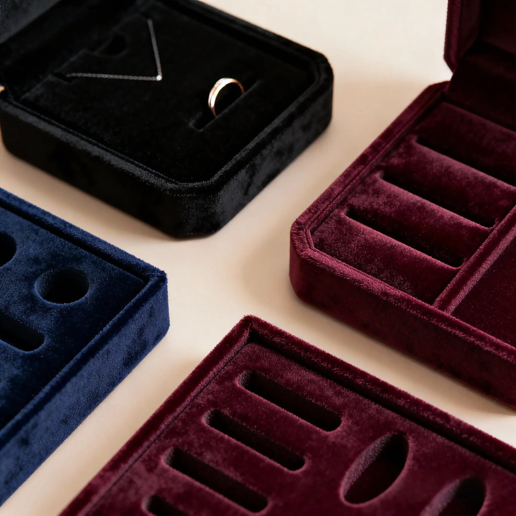 Velvet jewelry insert and pocket structures in several colors