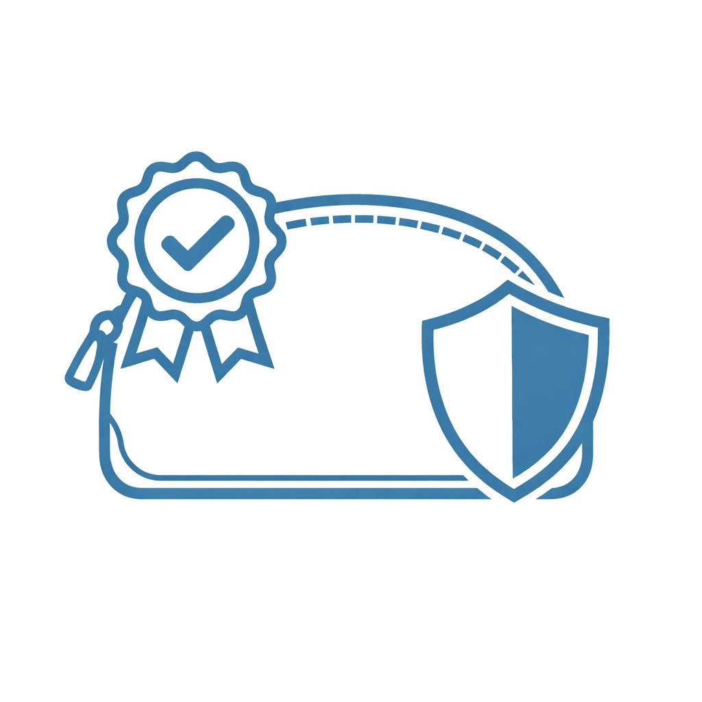 Line icon of a cosmetic bag with a check-mark badge and shield.