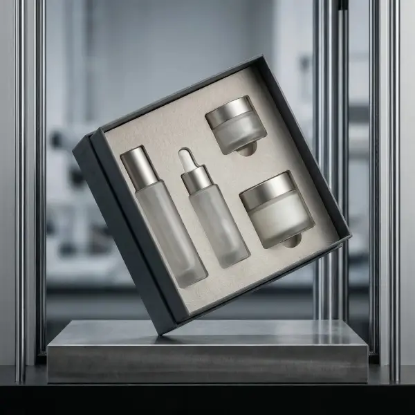 Cosmetic gift box with a fitted insert holding four skincare containers.
