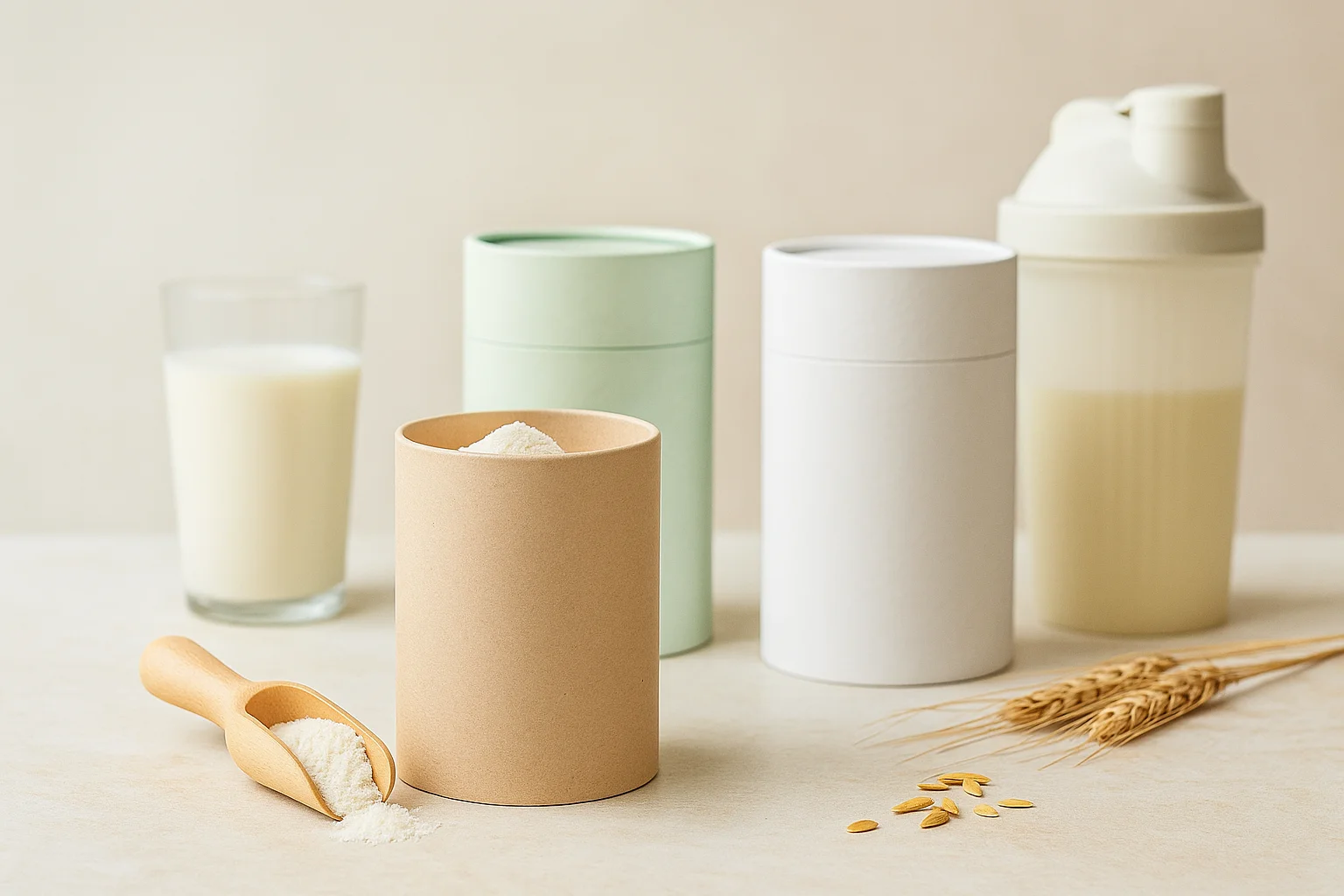 Cylindrical paper packaging in kraft, pale green and white, shown with powder, a scoop and a shaker bottle.