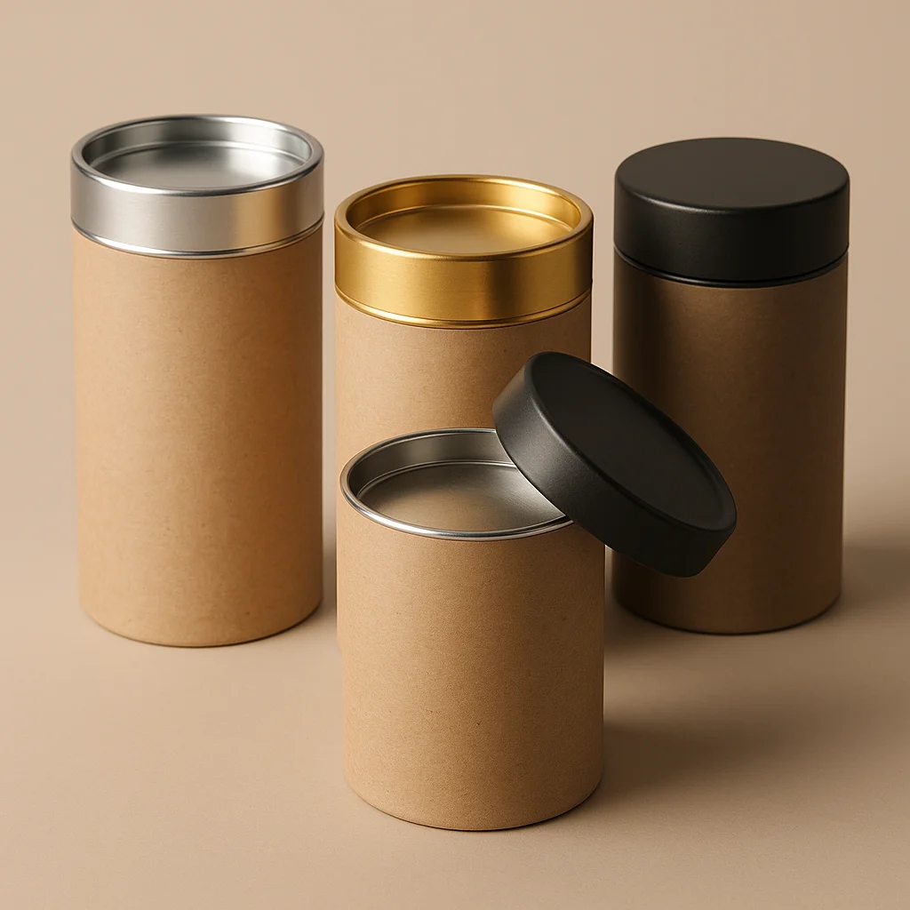 Kraft and dark paper tubes with silver-colored, gold-colored and black lids.
